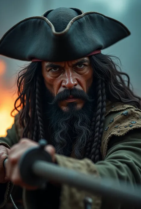 close-up of Captain Blackbeard’s face, showing his intense determination as he grips a harpoon tightly. His eyes are filled with focus and grit. He has a thick black beard, wearing a traditional pirate hat and a weathered coat. His face is illuminated by t...