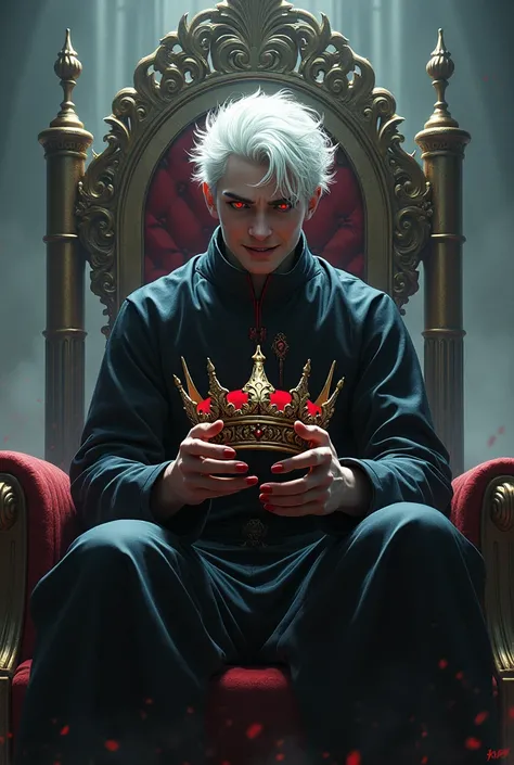 The cover image of a young man with white hair and red eyes standing in front of a throne, holding a blood-stained crown, smiling in a spiritual world, and a low angle shot.