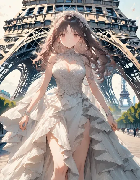 ((Highest quality))、((wonderful))、(detailed)、8k、 「Paris Fashion Week、Beautiful woman at the foot of the Eiffel Tower、Draw yourself wearing elegant and attractive clothing.。She wore a high-cut outfit that hugged her body..、Adorned with luxury brand accessor...