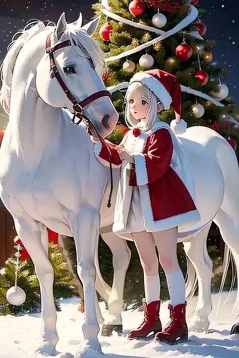 Pure white mare and foal　Thoroughbred parent and child　white christmas night　A pure white horse dressed as Santa Claus　Foal dressed as Santa Claus　Horse parent and child　A pure white horse wearing a Santa Claus costume　A silvery white Christmas　Not on eart...