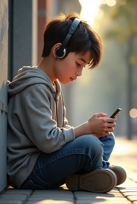 One boy using mobile phone with Bluetooth headphones. Realistic human boy.And sitting on the ground. Side view. Hd