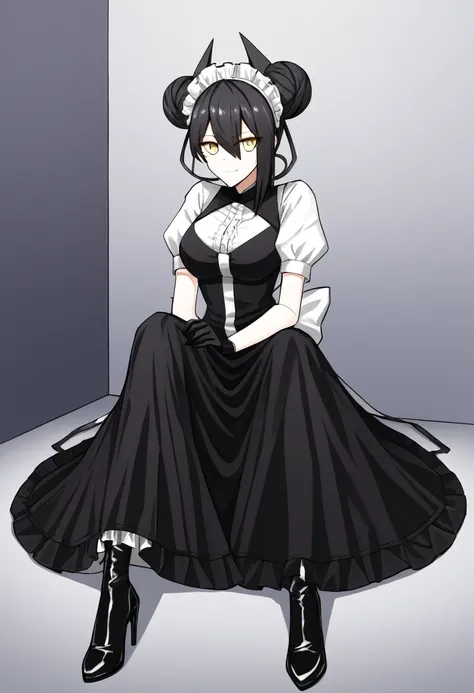 agent (girls frontline), gloves, long skirt, 1girl, Solo, AgentNormal,double bun,maid,sangvis ferri,yellow eyes, black hair, room, sitting, black heels boots 