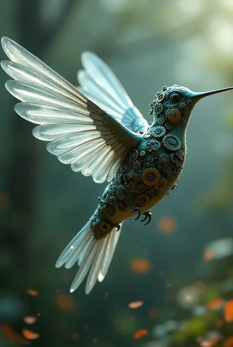 A very dynamic scene. Mechanical Transparent Humming Bird. Ethereal Face Pulling Out. steampunk style. Made of gothic-looking gear and screws. Fast flight. Parts fall off and fly in different directions. drawing in the style of a Disney Pixar cartoon. a cl...