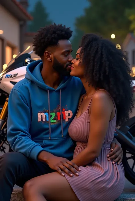 Realistic Image of African and European Couple, wearing a blue hoodie with writing "MZ RIP" colorful on top, beautiful woman, fat, wearing a sleeveless house dress, they sat in front of a modified Ninja RR Motorcycle in a night atmosphere, embrace each oth...