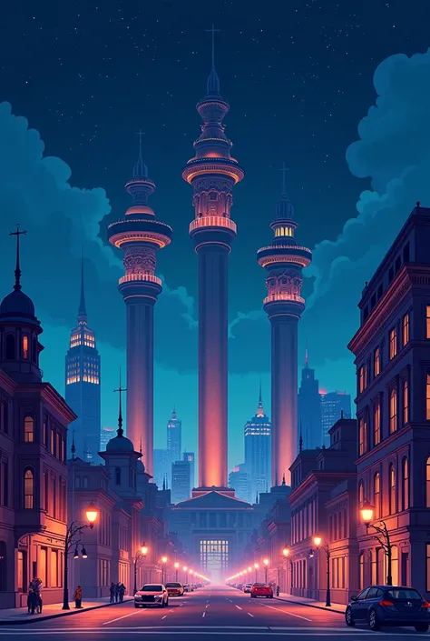 2D art style city night with three big pillar buildings. 