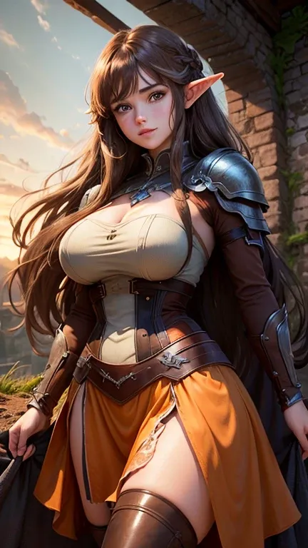 ((best quality))) (((HD))) (((8k))) (character) 20-year-old woman, ((adventurous)) elf, ((beautiful)) and ((happy)), ((brown hair)) and ((long hair)), voluptuous, Brown hair, fit body, large breasts, bewitching thighs  ((long skirt)) and (dress) and (bodys...