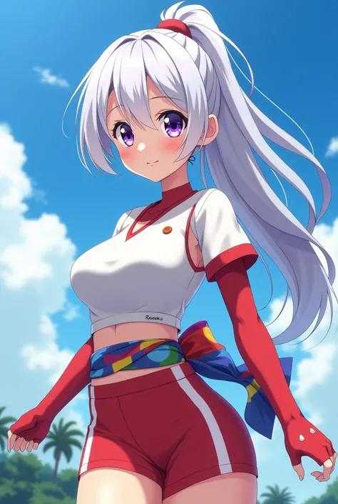 HD、Animation style、white hair 、Purple Eyes、girl、plump breasts 、High school student 、single ponytail、Baseball player、Light color short sleeve top、Long sleeve red underwear、Good shape、Thin、sash、Sky、cloud、sunny、Cycling