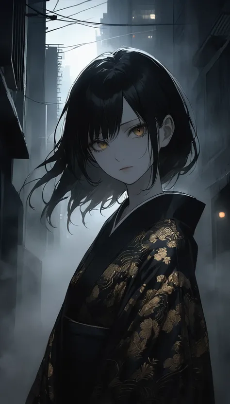 a woman wearing a black silk kimono with golden embroidered patterns, standing in the fog, on a dark alley, with an expressionless face and long messy black hair, beautiful golden eyes, chin raised, portrait, pale skin, alone, dark, eerie atmosphere, japan...