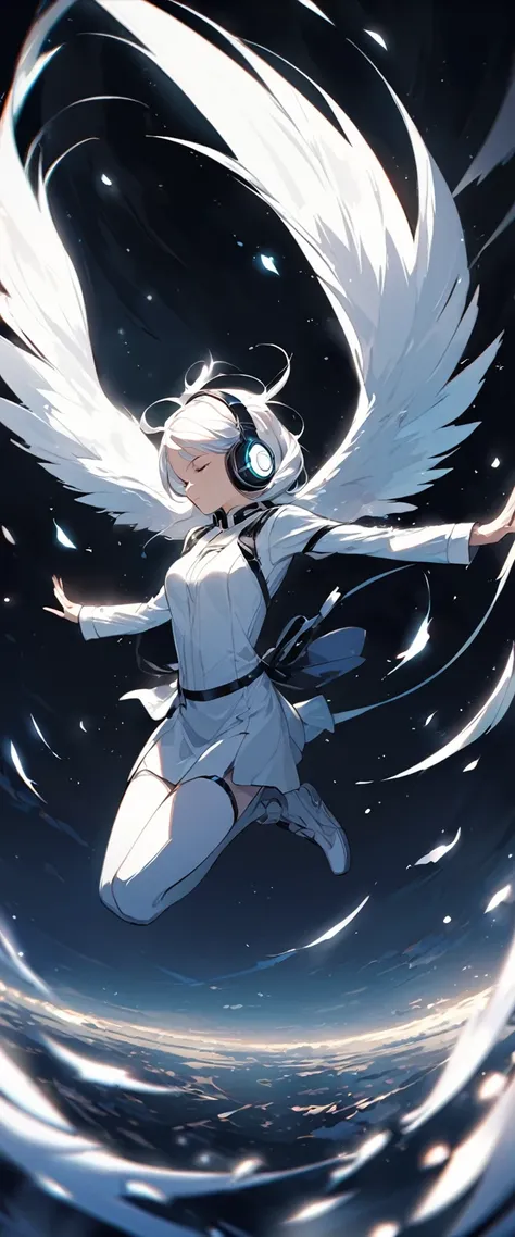 Heres a prompt based on your description:

A person wearing sleek white-sole headphones is floating in mid-air with arms spread wide, as if soaring. The background is completely dark, creating a sense of vast emptiness, while the environment feels serene a...