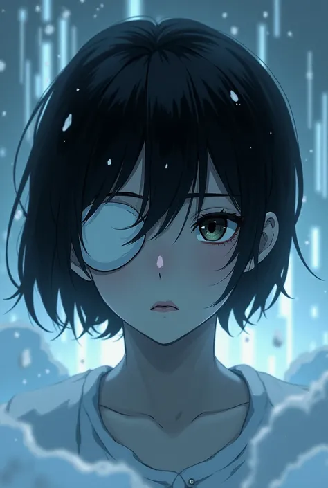 black hair, Closed mouth, serious, kuudere,  misaki mei man, delgado, teenager, cold look with white eye patch, hair combed to the side not long, cuerpo delgado de teenager, ice around it, expressionless