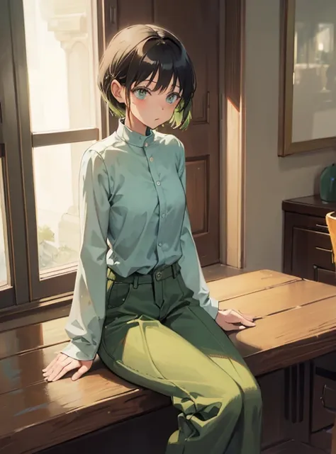 a girl , mid short hair , olive green eyes,  light green top full sleeved , pants, in a room sitting