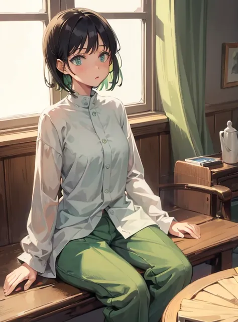 a girl , mid short hair , olive green eyes,  light green top full sleeved , pants, in a room sitting