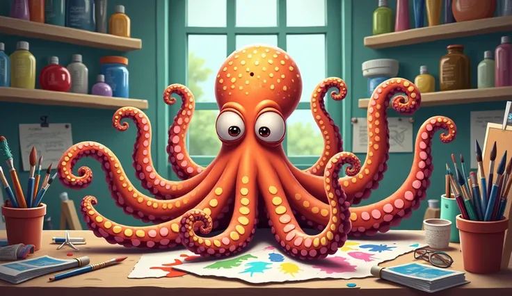 (cartoon character) A scholarly octopus with huge eyes and some multi colored spots and holding art supplies in all its tentacles is working furiously drawing pictures and painting, art studio
