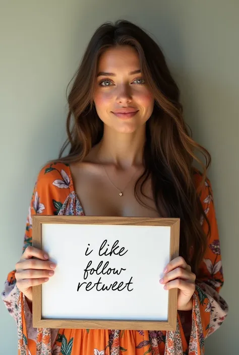 Beautiful girl with long wavy hair wearing a bohemian dress, holding a white board with writing on it "I Like follow retweet" And expose it to the viewer