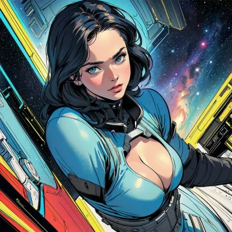 (((masterpiece, highest quality))),(((solo:1.2))),(((1girl:1.2))),60s,70s,80s,detailed perfect beautiful face,(detailed space-thriller movie poster),(((dynamic angle))),(Highly detailed futuristic galaxy),(American comic),(cleavage),(retro vintage cinemati...