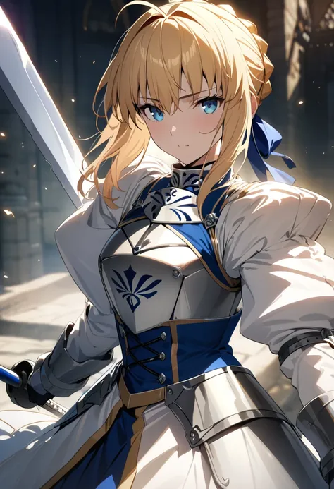 (masterpiece:1.2), (highest quality:1.2), perfect eyes, perfect face, perfect lighting,1girl，saber, holding sword artoria pendra...