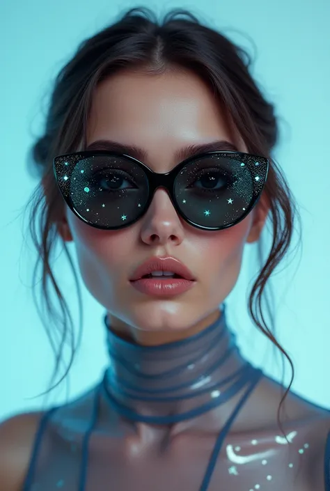 Model wearing sunglasses with stars and moons on the lenses