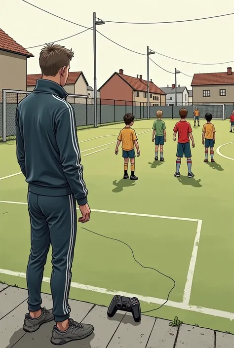 Create a soccercoach that is appearing to be remote controlling the soccerplayers on the pitch with a wireless playstation controller. It must be from a regular amateur game and the players are kids. There are only very few people watching and a playground...