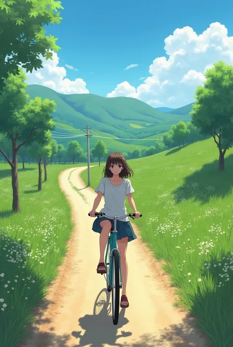 there is a woman riding a bike down a dirt road, a matte painting, a detailed matte painting, by Makoto Shinkai, anime countryside landscape, anime landscape, anime landscape wallpaper, anime scenery, anime nature wallpap