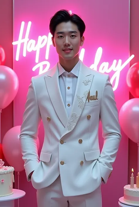 a Handsome korean young man with black hair. wearing white shimmering luxury suit groom clothes with embroidered name " Maul ". background neon pink light say "HAPPY BIRTHDAY" with PINK and WHITE balloon and birthday cake. he standing in front of pulpit wi...