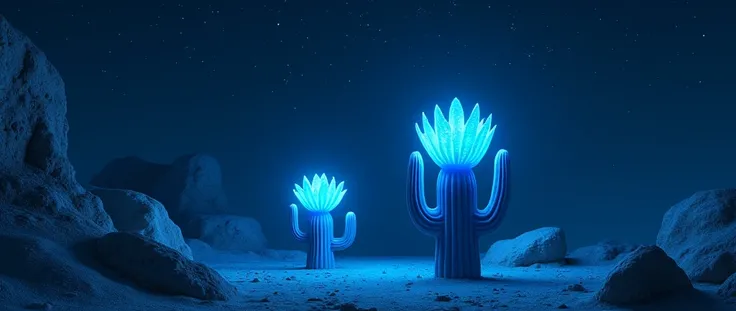 Aerial View,Blue starry night,Desert under the sea,There are two cacti that glow dark blue all over.,Cactus Flowering Alkane Dyeing Value|0.8 ,There are some small stones next to it.|0.9 ，High-altitude photography,Detailed light,Well-defined,High-altitude ...