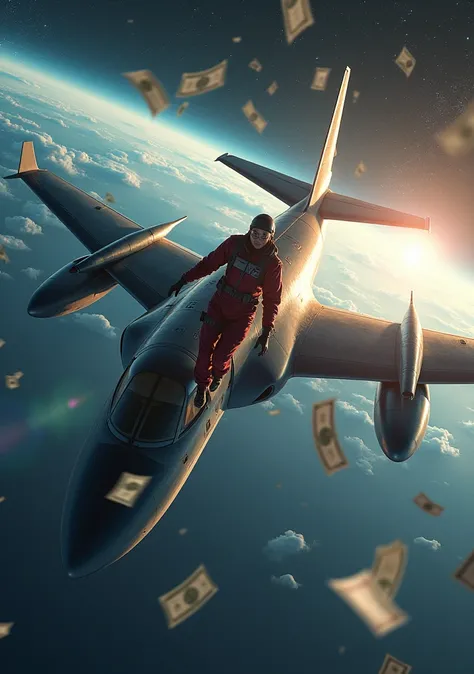 A red and black plane flying over the universe, with the pilot jumping out of the window and several dollar bills around 