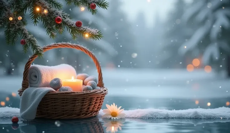 Create a tranquil Christmas-themed spa scene set by a frozen lake surrounded by snow-covered pine trees. In the foreground, a woven basket holds smooth spa stones, a rolled-up towel, and a glowing candle, with a delicate white flower resting on the waters ...