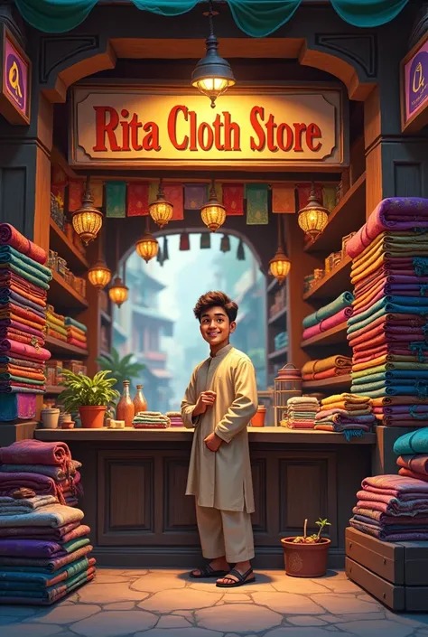 Create a young man selling cloth in cloth store by the name Rita Cloth Store 