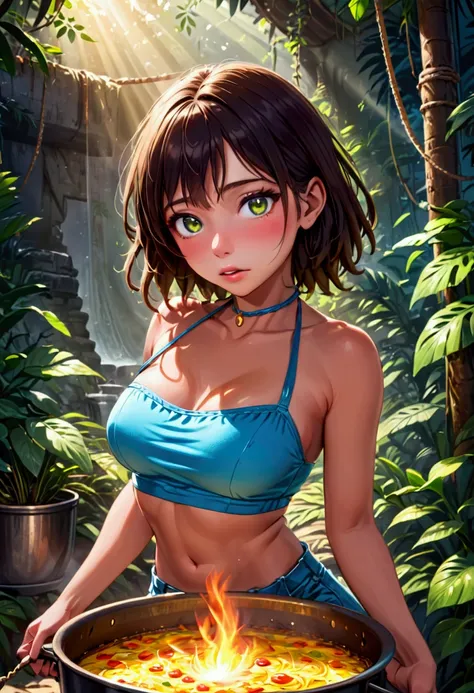 a cute yuna, beautiful detailed eyes, beautiful detailed lips, extremely detailed eyes and face, long eyelashes, gorgeous face, petrified expression, open well worn halter top, daisy duke shorts, arms and legs bound with rope, placed in a large cookpot by ...