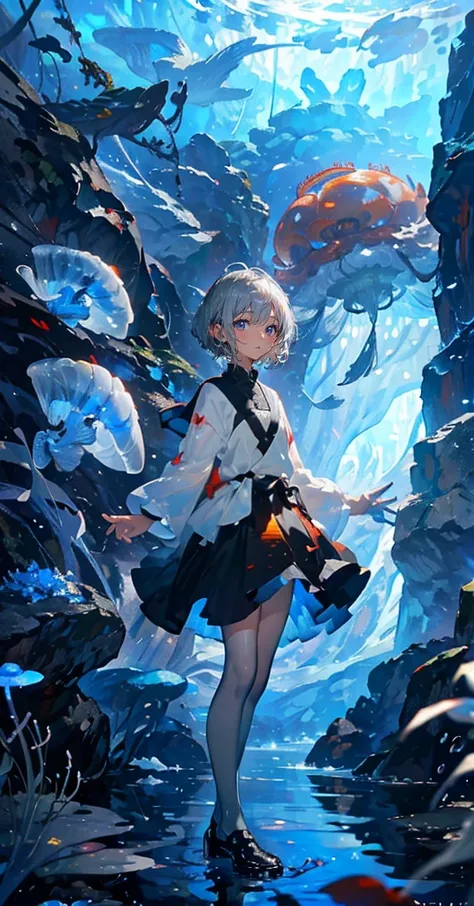 (muste piece), (best quality), very detailed, 1 boy, Solo Full Body Shot, perfect face, beautiful girl, very detailed顔，(Gray-haired shorthair:1.5)，(blue eyes:1.4)，(float:1.4)，(in water:1.4)，(float:1.3)，seabed，school of fish，Light，jellyfish，seaweed，Red fish...