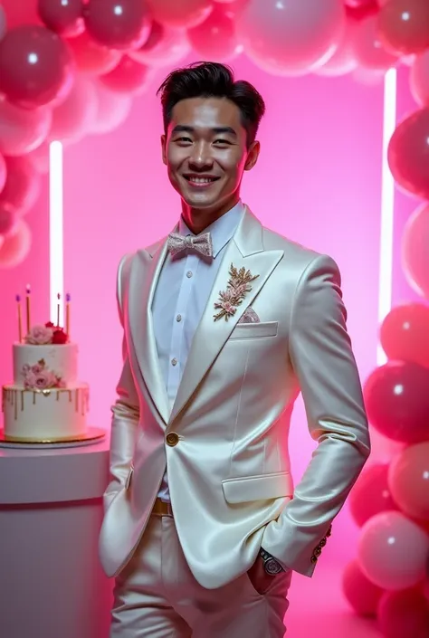 a Handsome Chinese young man with black hair. wearing white shimmering luxury suit groom clothes with embroidered name " Maul ". background neon pink light say "HAPPY BIRTHDAY" with PINK and WHITE balloon and birthday cake. he standing in front of pulpit w...