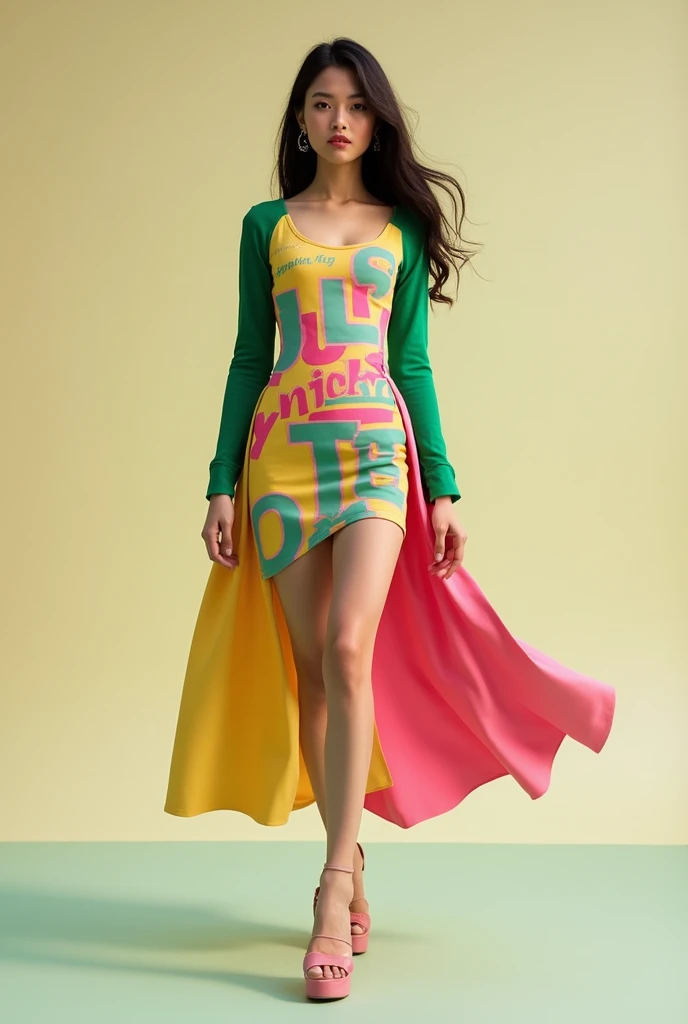 A model girl wear a stylish contrast color like green, pink, golden  yellow, blue stylish typography  printed dress with simple plane background 