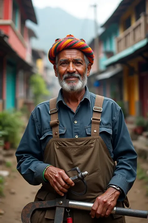 A nepali electrician mature man , wearing nepali cap and with tool kit