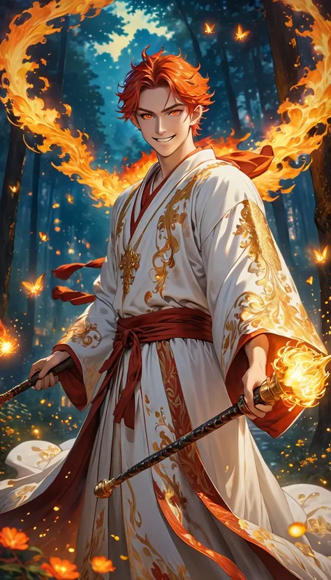 est quality, masterpiece, extremely detailed, dnd character, (young adult male fairy with fiery eyes), elegant robe, regally embroidered white robes with gold encrusting, holds a mace, (perfect fingers), fiery hair, pointy ears, glowing fiery fairy wings, ...