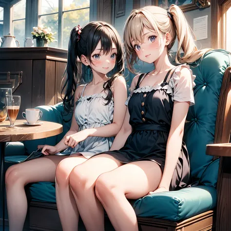 Highest quality, Super detailed, (Ultra-high resolution,8k), Ultra-high definition 4K,A digital painting of two best friends, b old, relaxing in a vintage-inspired cafe. one, with long, wavy black hair, is wearing a floral sundress and sipping on a latte. ...