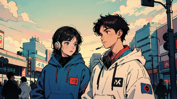 Bob black hair、Japanese girl。The background is the city。Wearing headphones around your neck。The clothes are colorful hoodies and street style outfits.。