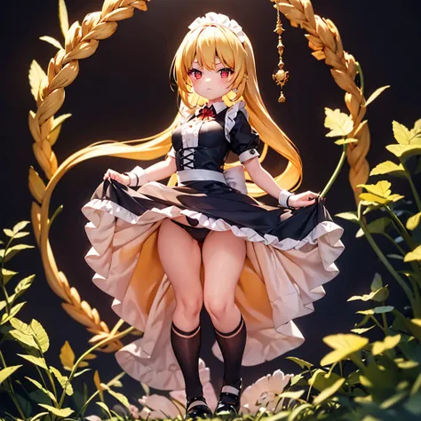 ((Maid)),Frills,corset,Cute little ,Tiny Lori,Small girl,,Childish face, Very fine clean face,Top quality, Big eyes,Straight Hair,Yellow hair,Crimson Eye,(Dark Room), Subtle light, Natural light,Soft lighting,Light from directly behind, (Are standing), Cut...