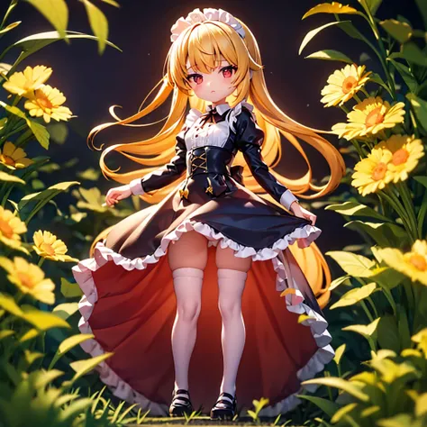 ((Maid)),Frills,corset,Cute little ,Tiny Lori,Small girl,,Childish face, Very fine clean face,Top quality, Big eyes,Straight Hair,Yellow hair,Crimson Eye,(Dark Room), Subtle light, Natural light,Soft lighting,Light from directly behind, (Are standing), Cut...