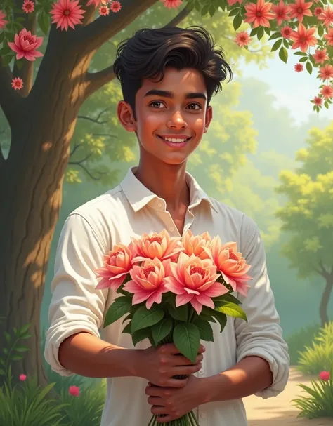 a handsome indian 20years old boy with cute loughing giving a flower of bouquet to viewer,  boy wearing white shirt, background beautiful flowers tree and gorgeous nature,