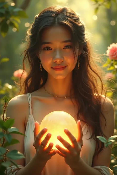 a beautiful young woman, exquisite detailed face, delicate features, serene expression, long flowing hair, holding a glowing sphere, surrounded by lush greenery, sunlight filtering through the trees, a family of smiling figures in the background, tranquil ...