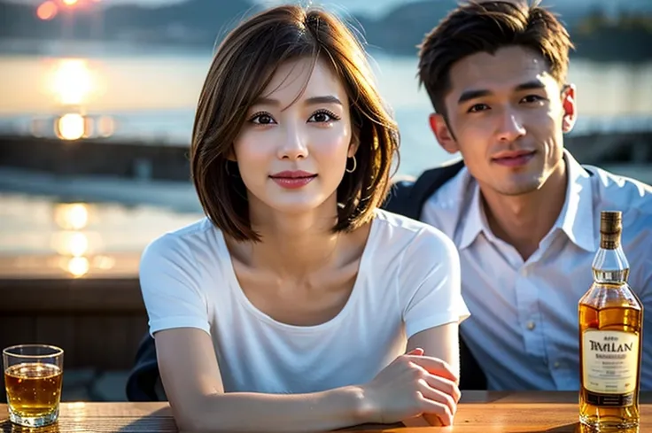 (Realistic, 超Realistic:1.4), 16k hdr, High resolution,Brown short hair,The best smile、Slim couple、Model Couple、Japanese actress,Super Beauty(Like the real thing),Short sleeve dress,Whiskey Bottle、The Macallan、Johnnie Walker、、Old Parr、whiskey、Suntory、Nikka、...