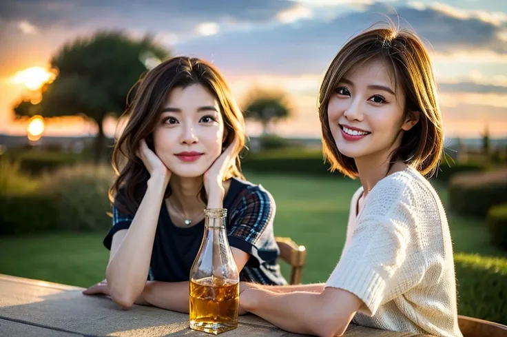 (Realistic, 超Realistic:1.4), 16k hdr, High resolution,Brown short hair,The best smile、Slim couple、Model Couple、Japanese actress,Super Beauty(Like the real thing),Short sleeve dress,Whiskey Bottle、The Macallan、Johnnie Walker、、Old Parr、whiskey、Suntory、Nikka、...