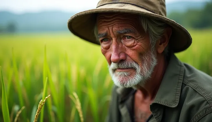 (photorealism:1.2),Close up picture of a man, old man wearing a farmer&#39;s hat, An expression of exhaustion, place it on the right side of the rice field background frame , 