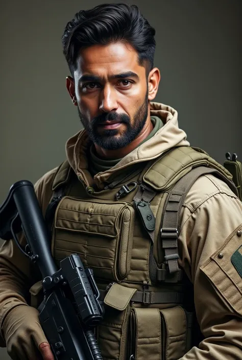 US ARMY Captain, Combat uniform with kevlar vest and Primary weapon M16 modified and secondary weapon Beretta M9 in holester , Race or ethnicity Pakistani American, Face expression stoic, Facial clean shave 