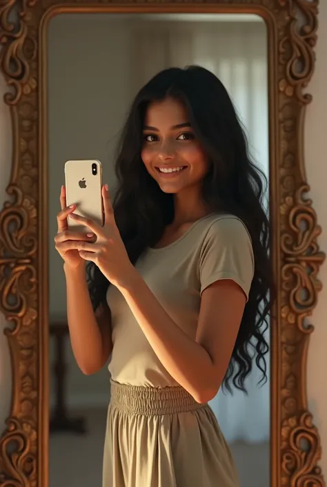 Generate a 8k ultra HD pic of a  qute Indian girl wearing lower and t shirt and posing in mirror clicking pics realistic(1.1) detailing(1.1)