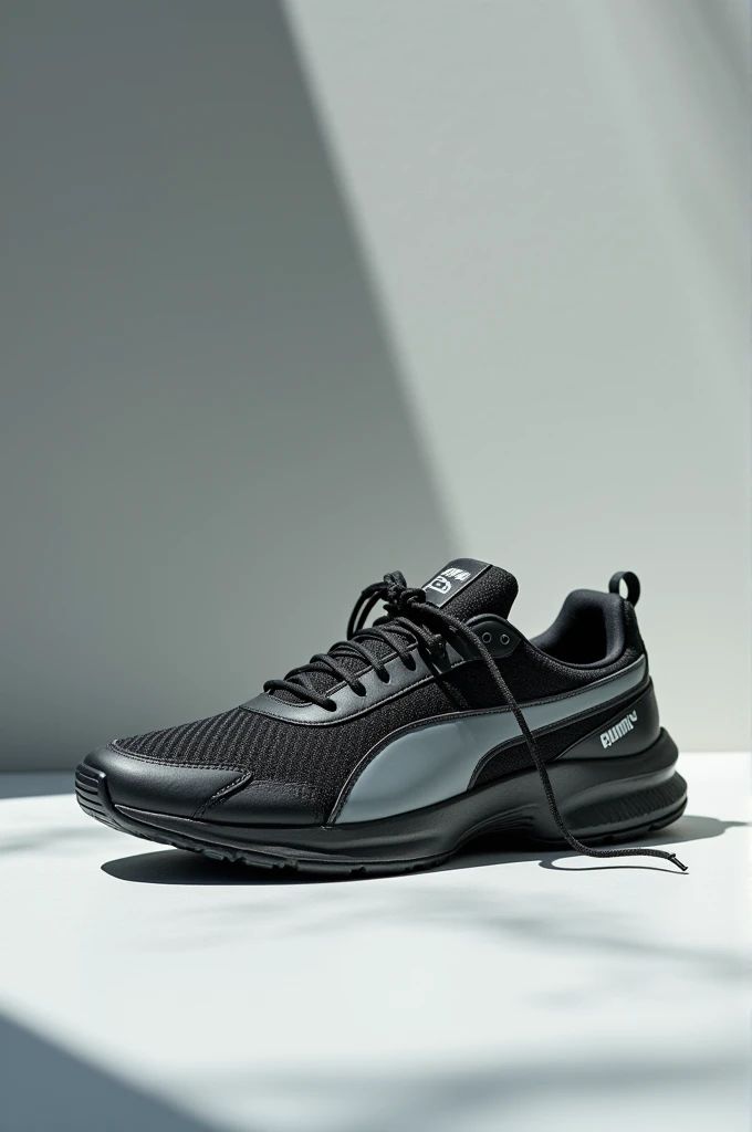 "A stylish Puma shoe with an open lace design, emphasizing a modern and sporty look. The shoe features a sleek, lightweight material in shades of black and grey, with the iconic Puma logo subtly visible on the side. The laces are undone, giving it a casual...