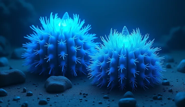 Desert under the sea,There are two cacti that glow dark blue all over.,Both cacti are in bloom and the luminescent value is|0.8 ,There are some small stones next to it.|0.9 ，High-altitude photography,Detailed light,Well-defined,High-altitude photography,HD...