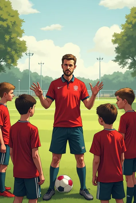 Create a soccercoach that is appearing to be very into a tactical approch to soccer. It must be from a regular amateur game and the players are kids. There are only very few people watching and a playground without stands. The field is surrounded by threes...