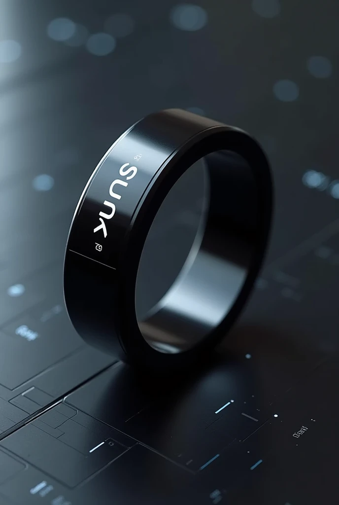 A smart black ring with lucus written on the display