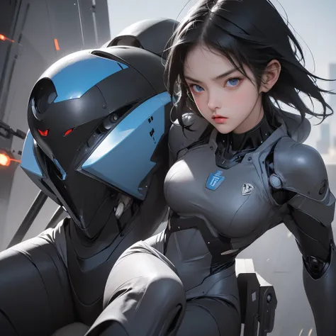 1girl, short black hair, blue eyes, black mecha suit, angry face, 8K, Hi-Res, Ultrasharp, mecha, shot from head to thigh